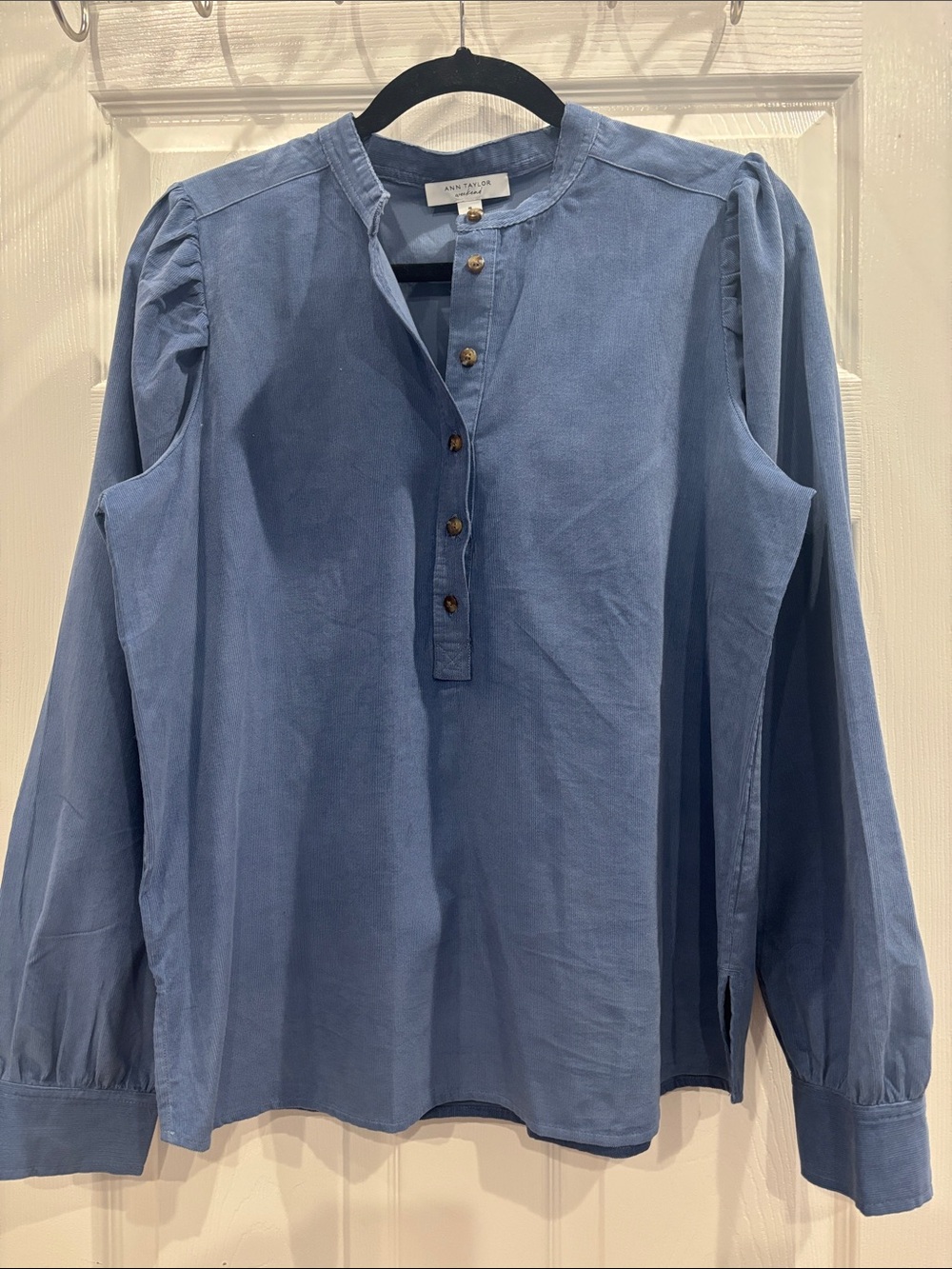 Ann Taylor Dusty Blue Henley Blouse with Puff Shoulders